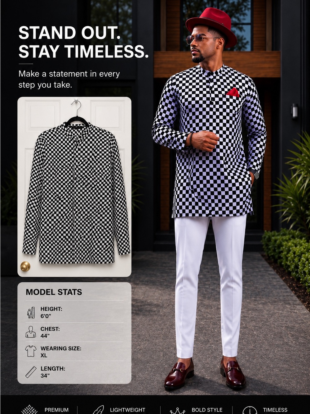 Men's Black & White Checkered Kaftan - Modern Stand Collar Style